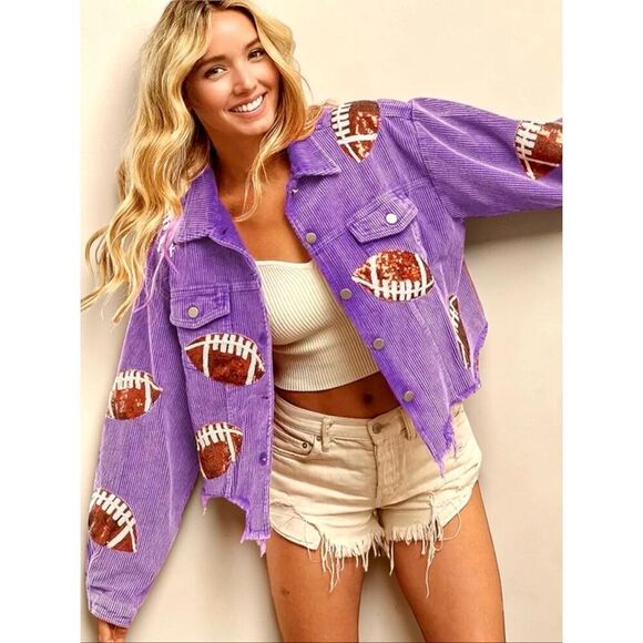 BiBi Jackets & Blazers - BiBi Purple Football Sequin Corduroy Jacket Gameday Raw Hem Shacket XL NEW
